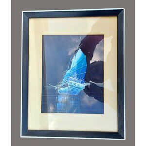 Vintage Japanese 1950's Painting On Silk Of Blue Sailing Ship D20 D